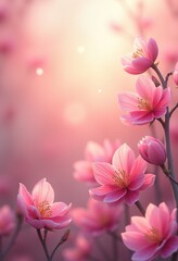 Fototapeta premium Close-up of delicate pink flowers blooming in soft morning light, pastel colors, shallow depth of field, bokeh background, natural beauty, spring time 2026, high-resolution floral photography.