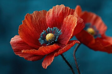 DIY red paper poppy made from crepe paper on blue background, representing Remembrance and Anzac Day crafts