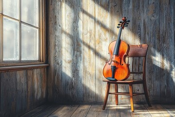 This elegant violin perched in a bright wooden room highlights the beauty of craftsmanship and the importance of music in a nostalgic, calming, and inviting environment.