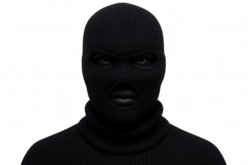 Close-up of criminal wearing black balaclava, hiding identity, with transparent background, ideal for security and crime-related projects