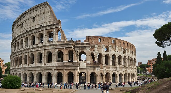 Colosseum's timeless beauty captured under a blue sky in the heart of Rome Italy