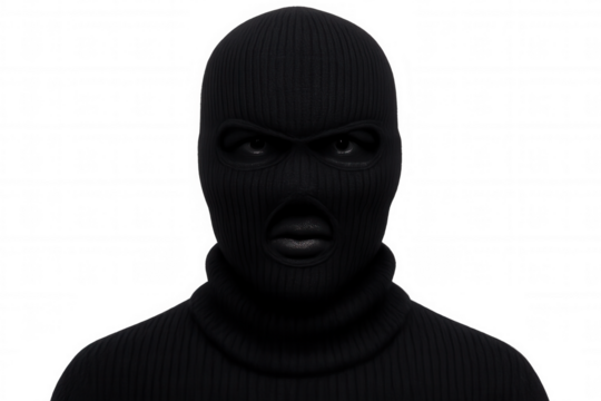 Close-up of criminal wearing black balaclava, hiding identity, with transparent background, ideal for security and crime-related projects