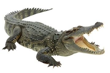 Fototapeta premium Full Body Shot of a Large Crocodile with Open Mouth, Displaying Teeth and Threatening Pose Against White Background
