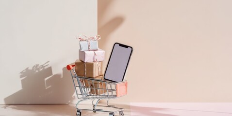 Shopping cart with gifts and smartphone on pastel background
