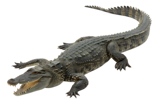 Powerful alligator with gaping jaws, showcasing its reptilian strength and dangerous presence as a formidable apex predator from tropical wetlands