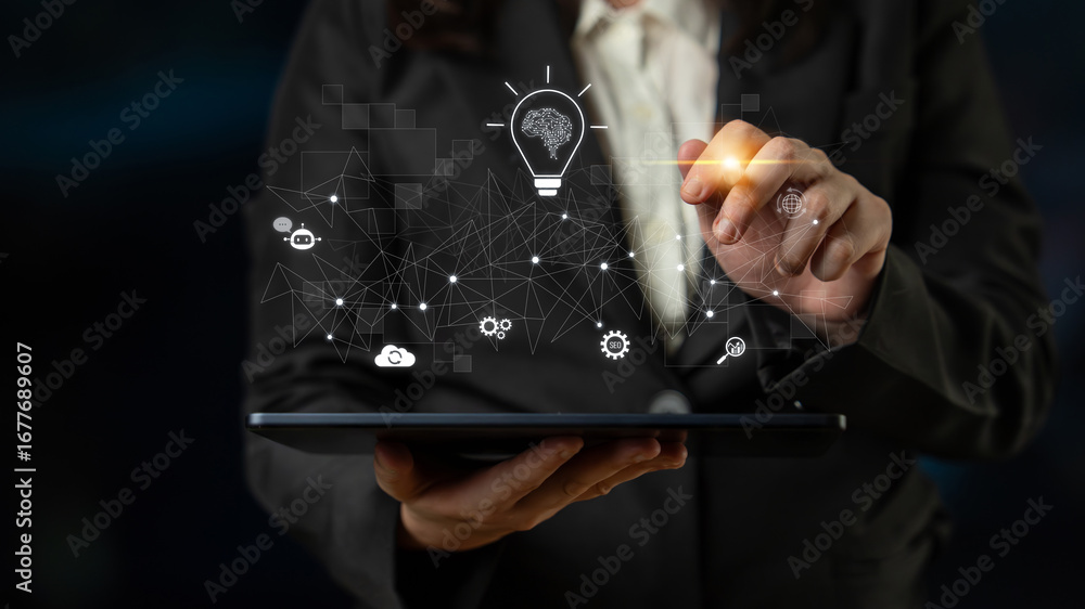 Poster ai innovation with neural network and digital transformation. ai innovation drives automation, power