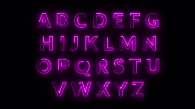 Neon purple alphabet letters glowing brightly on a black background for graphic design projects, animated alphabet letters for education.