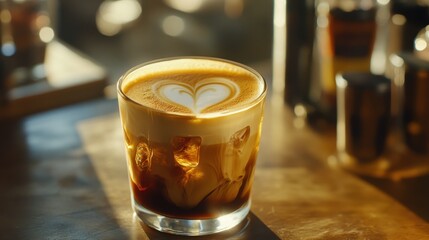 Delicious Iced Coffee with Heart Latte Art in Cafe Setting