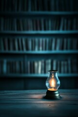 Cozy oil lamp on table with blurred bookshelves