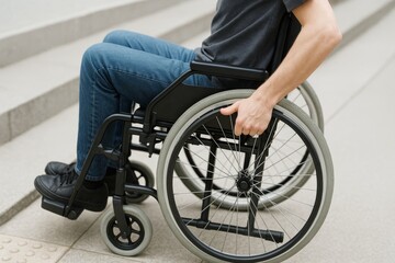 Obraz premium A person in a wheelchair navigates an outdoor setting, emphasizing independence and mobility