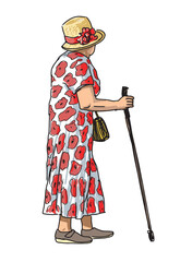 Elderly elegant woman in hat, floral dress with cane and handbag walking outdoors alone, side view, vector realistic hand drawing