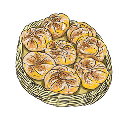 Basket with sweet soft buns, fresh pastries, dessert, flour high-calorie tasty food, sketch, realistic hand drawing, vector illustration