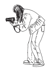 One young modern city girl photographing on camera outdoors, creative hobby, side view, vector outline hand drawn illustration