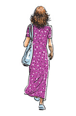 One young slim city girl in pink dress walking outdoors on summer day, back view, realistic sketch, vector illustration