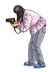 One young modern city girl photographing on camera outdoors, creative hobby, side view, vector hand drawn illustration