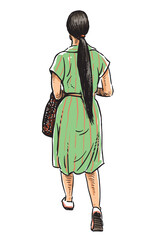 One young slim city girl in green dress with long hair walking outdoors on summer day, back view, realistic sketch, vector illustration