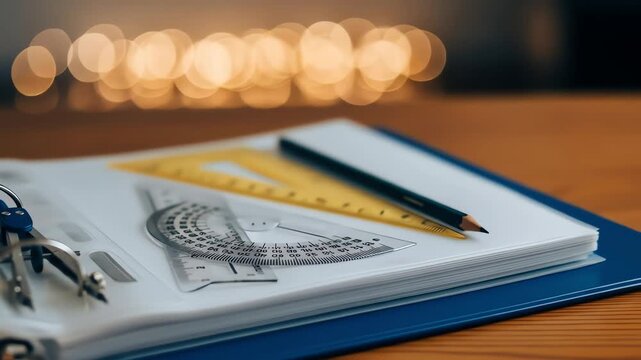 General Food & Beverage Educational Tools and Geometry Instruments on Study Desk with Warm Lighting