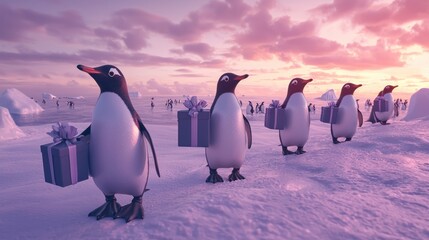 A whimsical scene of adorable penguins marching across an icy landscape carrying colorful presents, evoking a sense of wonder and joy during the holiday season in a magical setting.