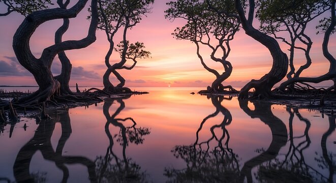 Serene Sunset Reflection: Gnarled Trees Mirroring in Calm Water, a Tranquil Scene Painted with Warm Hues of the Setting Sun.