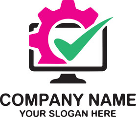 Modern computer gear and checkmark technology logo design