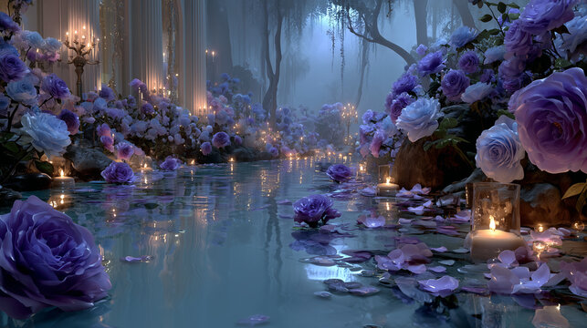 Purple roses in the mysterious water garden decorated with burning candles with a slight fog in the evening at the lake - Powered by Adobe