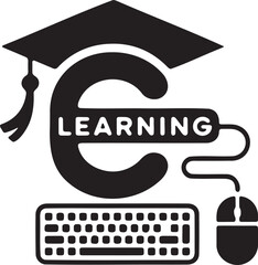E learning graduation cap computer mouse and keyboard banner design