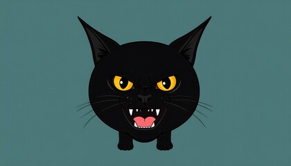 A fierce, cartoon black cat with glaring yellow eyes and bared teeth, set against a teal background.