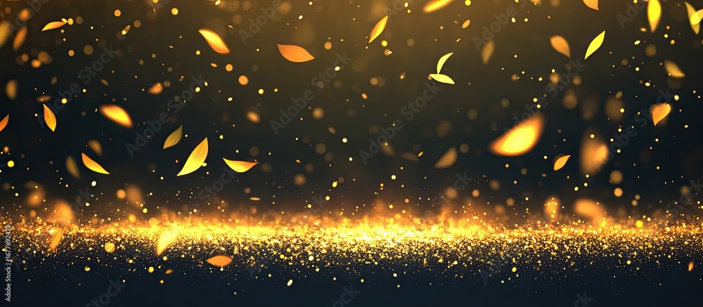 Poster golden leaf-like particles floating on a dark background