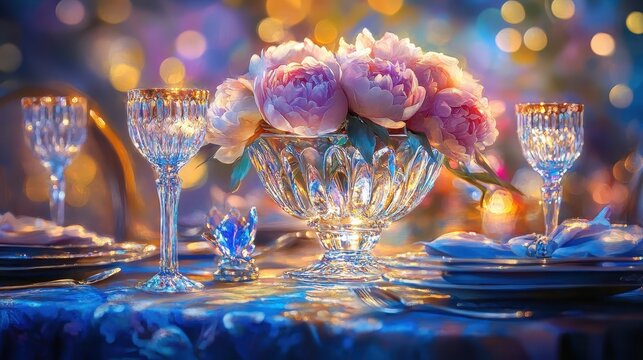 Elegant Table Setting with Pink Flowers and Soft Bokeh Lights