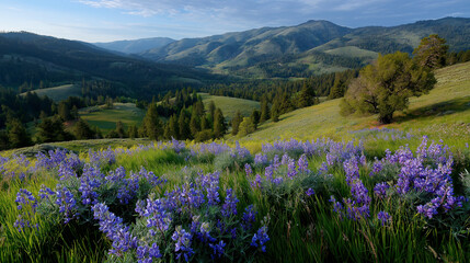 Fototapeta premium Wide meadow shot with blue blossoms stretching toward the sun rising behind misty hills.