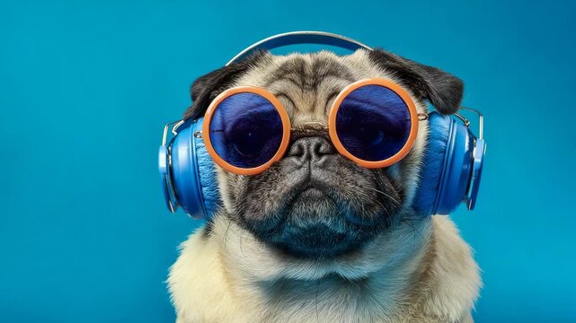 Cool Pug Dog with Headphones and Sunglasses. Funky Pet Listening To Music In Trendy Style On Blue Background. Video