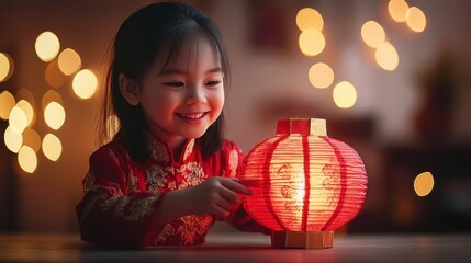Naklejka premium Asian Young Girl Creating Red Paper Lanterns During Joyful Chinese New Year Celebration Workshop