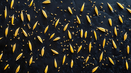 Golden einkorn grains scatered evenly across a dark ackground, highlighting thir elongated form and textred surface.