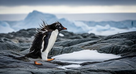 Obraz premium Penguin Strolling Across Rocky Terrain with Distant Icebergs, Capturing Wildlife in Natural Polar Environment, Majestic Landscape.