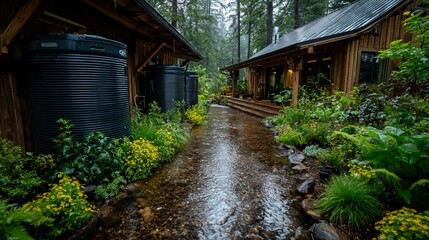 Rainwater harvesting with collection barrels or rooftop systems, perfect for self-sufficiency, water savings, and green infrastructure