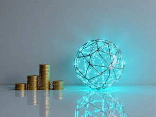 Digital Finance Concept with Rising Coin Stacks and Luminous Geometric Globe Representing Future Economy