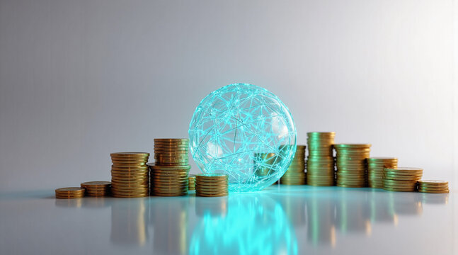 Global Financial Network and Digital Currency Growth: Stacks of Gold Coins and a Glowing Network Sphere