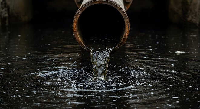 Toxic industrial wastewater outflow contaminating natural ecosystem, close-up view