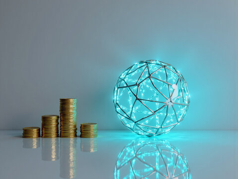 Digital Finance Concept with Rising Coin Stacks and Luminous Geometric Globe Representing Future Economy