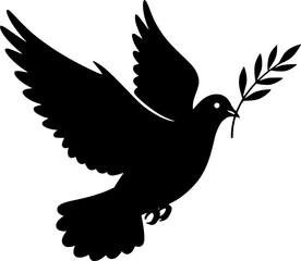 Obraz premium Dove of peace with an olive branch vector icon silhouette on a white background 