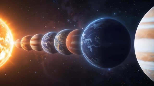 Seven planets aligned in space, displaying vibrant colors and textures. The planets include a mix of rock and gas types. 4k video