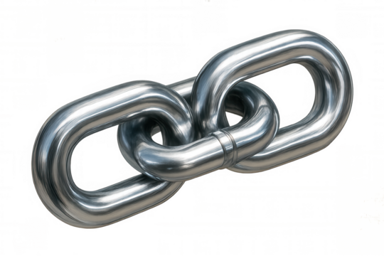 Metallic chain links connecting, gleaming surface reflecting light, representing teamwork and unity against clean transparent backdrop