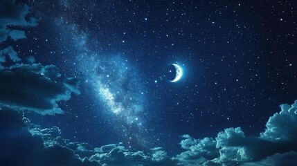 Obraz premium A stunning night sky filled with stars, a crescent moon, and soft clouds, creating a serene and magical atmosphere.