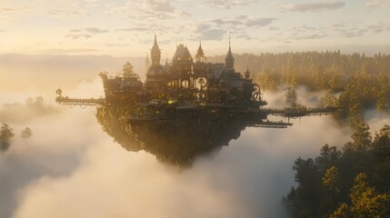 Fototapeta premium Enchanted Floating Castle Surrounded by Atmospheric Mist at Dawn