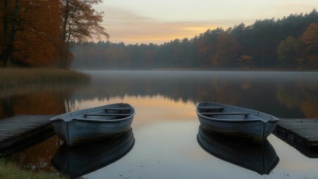 Two empty rowboats on tranquil lake at sunrise with autumn foliage and misty atmosphere