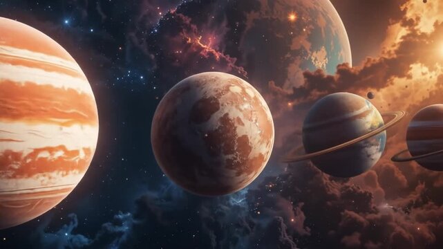 Seven planets aligned in space, displaying vibrant colors and textures. The planets include a mix of rock and gas types. 4k video