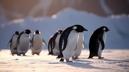 Obraz premium Group of Penguins Walking Together on Icy Antarctic Terrain