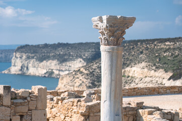 Ancient greek column overlooking Mediterranean sea at Kourion, Limassol District, Cyprus