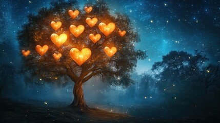 Enchanted Tree of Hearts Glowing Under Starry Night Sky