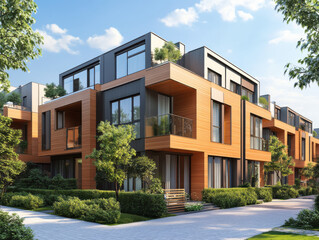 Fototapeta premium Modern townhouses with wooden facades and greenery architecture design exterior view